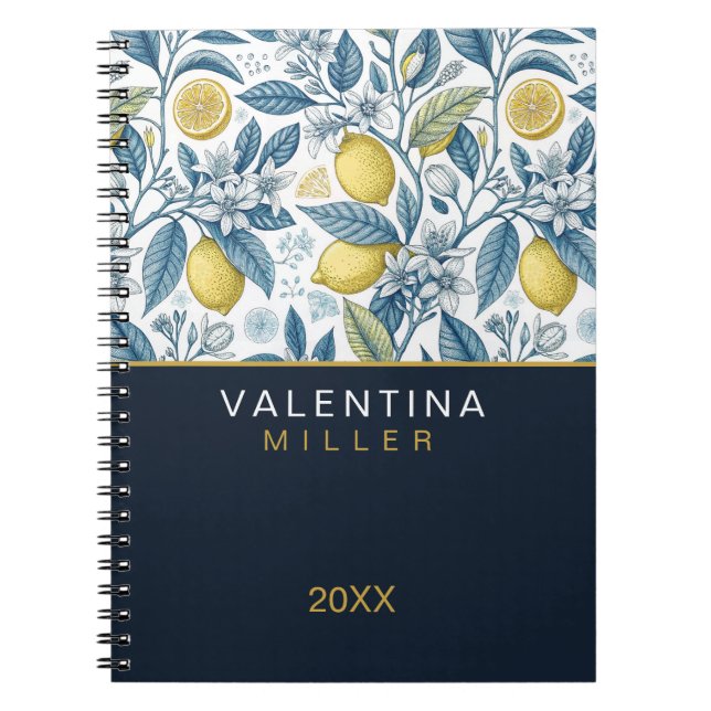 Custom Elegant Mediterranean Lemon Botanical Navy Notizblock (Vorderseite)