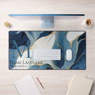 Custom Elegant Monogram Navy Blue White Marmor Schreibtischunterlage