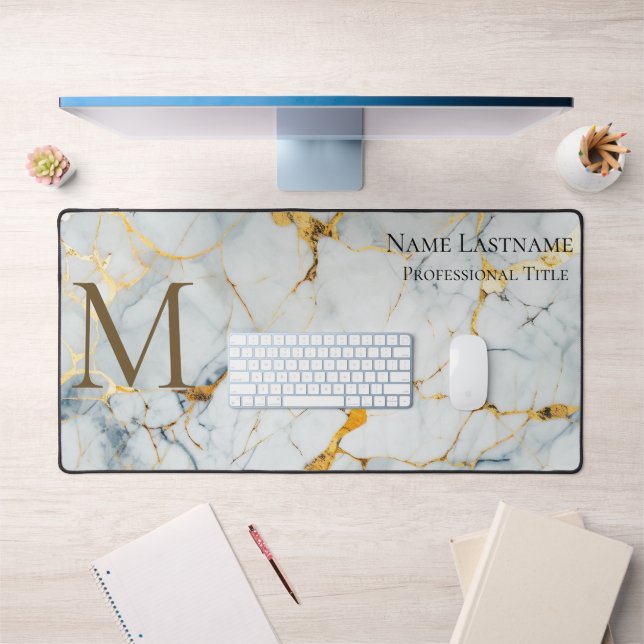 Custom Elegant Monogram White Gold Bronze Marmor Schreibtischunterlage (Büro 1)