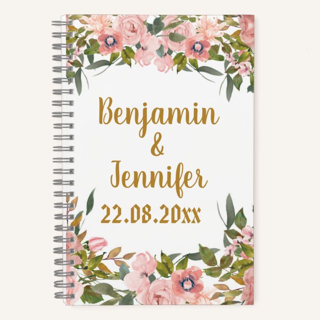 Custom Elegant Rosa Blumengrün Gastgeschenk Hochze Notizbuch (Vorderseite)