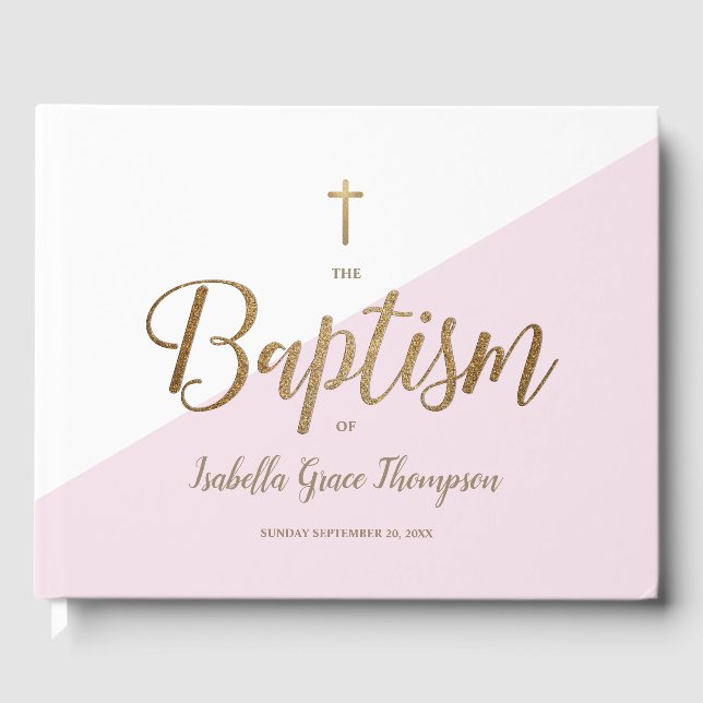 Custom Elegant rosa gold Cross Baby Taufe Gästebuch (Vorderseite)