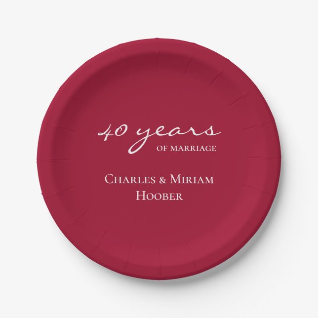Custom Elegant Ruby 40th Wedding Anniversary Party Pappteller (Vorderseite)