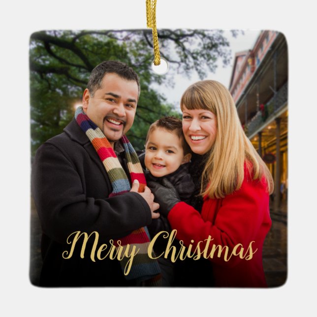 Custom Elegant Script 2-seitig Foto Weihnachten Keramikornament (Vorderseite)