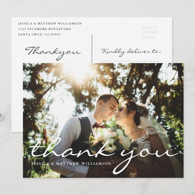Custom Elegant Script Wedding Foto Vielen Dank Einladung (Vorne/Hinten)
