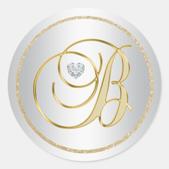 Custom Elegant Silver Gold Mit Monogramm 'B' Weddi Runder Aufkleber (Vorderseite)