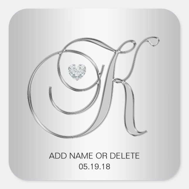Custom Elegant Silver Mit Monogramm Anfangsbuchsta Quadratischer Aufkleber (Vorderseite)