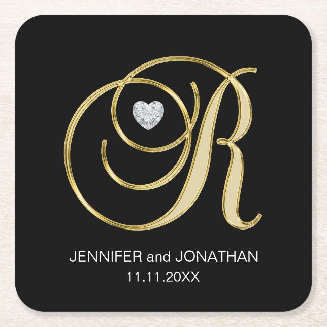 Custom Elegante Black Gold Monogram Letter Wedding Rechteckiger Pappuntersetzer (Vorderseite)