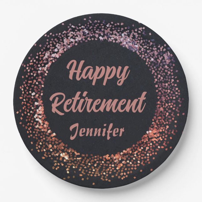Custom Elegante Black Rose Gold Happy Retirement Pappteller (Vorderseite)