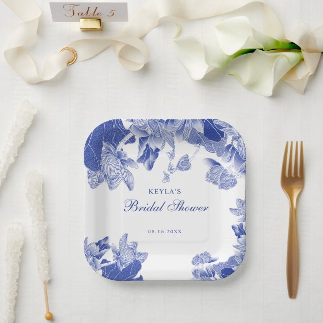 Custom Elegante Blue White Floral Chinoiserie Pappteller (Hochzeit)