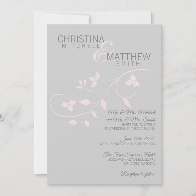 Custom Elegante Blush Pink Gray Blätter Hochzeit Einladung (Vorderseite)