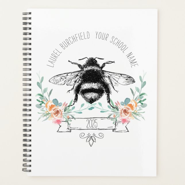 Custom Elegante Blush Pink Green Bee Floral School Planer (Vorderseite)