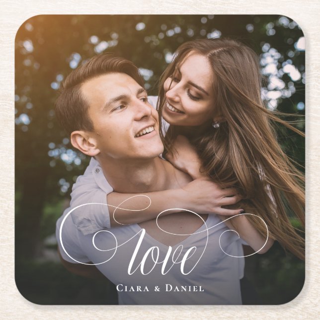 Custom Elegante Calligraphy Couple Wedding Foto Rechteckiger Pappuntersetzer (Vorderseite)