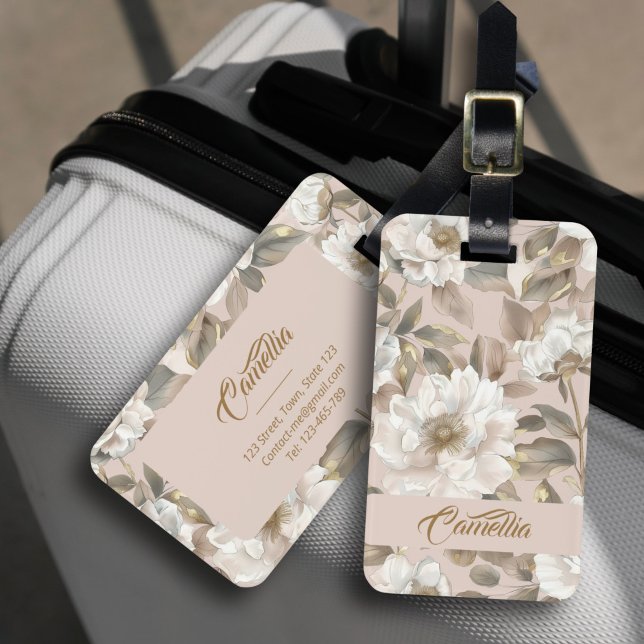Custom Elegante Chic Big Camellia Blume Rosa Gepäckanhänger (The elegant chic luggage tag with giant camellia hand-drawn in neutral color tones of pink & gold.)
