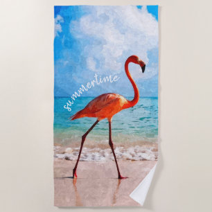 Custom Elegante Flamingo On Beach Wasserfarbe Strandtuch