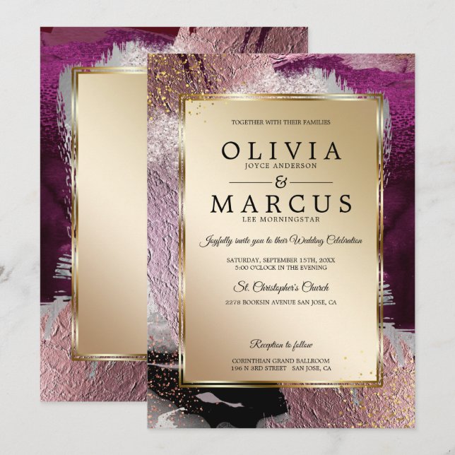Custom | Elegante Gold Cassis Plum Pinselstriche Einladung (Vorne/Hinten)