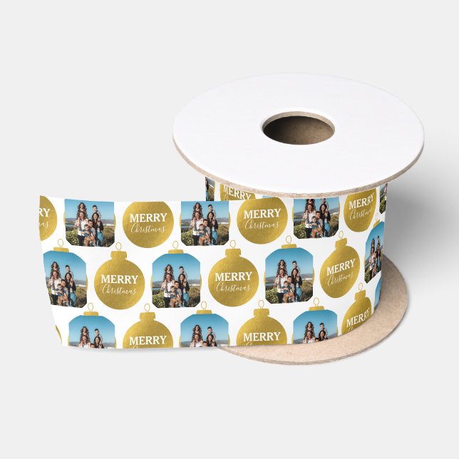 Custom Elegante Gold Foto Ornamente Weihnachten Satinband (Spule)