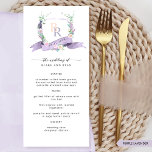 Custom Elegante Lavender Monogram Wedding Menükarte<br><div class="desc">Genießen Sie Ihre Hochzeitsfeier mit unserem atemberaubenden Hochzeitsmenü, das eine wunderschöne Aquarellblütenmonogramm mit Lavendel enthält, die Eleganz und Charme ausstrahlt. Gerahmt mit zauberhaften Blume in den Farben lila, Lavendel, Lila, Lila, Pfirsich und sanft gelb präsentiert dieses Menü Ihre Initialen in einem romantischen Stil. Ein fließendes Lavendelband hebt das Veranstaltungsdatum elegant...</div>