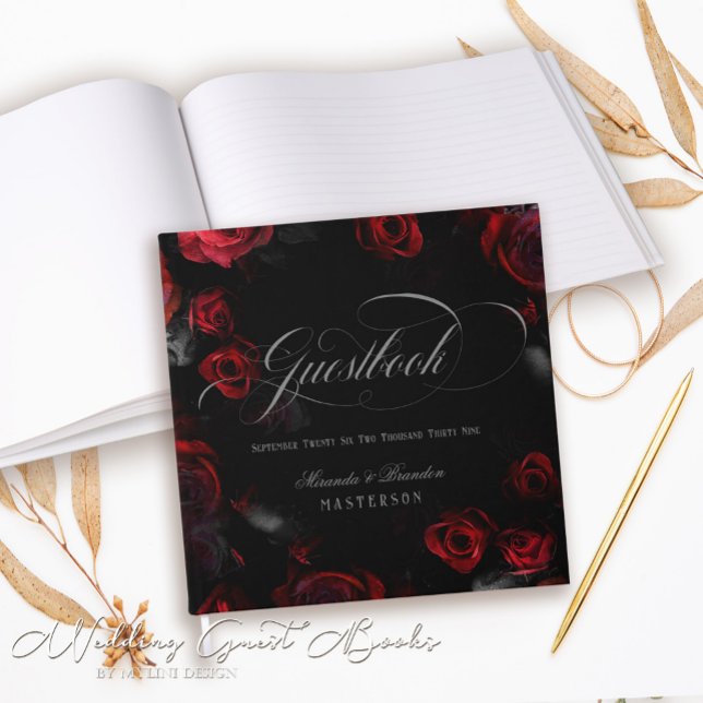 Custom Elegante Rot-Schwarz-Flora-Hochzeit Gästebuch (Von Creator hochgeladen)