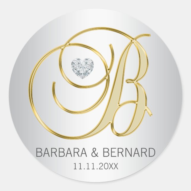Custom Elegante Silver Gold Mit Monogramm Hochzeit Runder Aufkleber (Vorderseite)