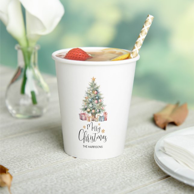 Custom Elegante Watercolor Weihnachtsbaum Pappbecher (In Situ)