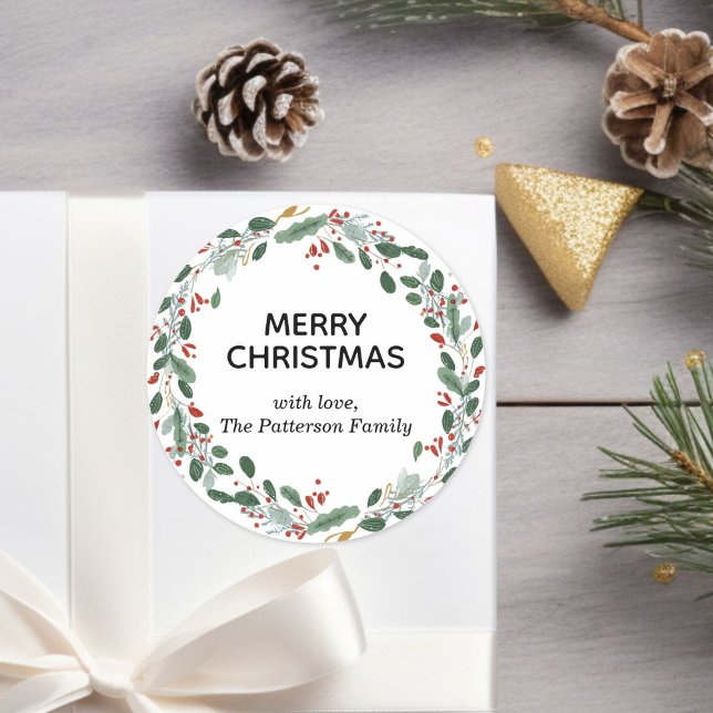 Custom Eleganter Weihnachtskranz Familienname Runder Aufkleber (Custom Elegant Christmas Wreath Family Name Classic Round Sticker)