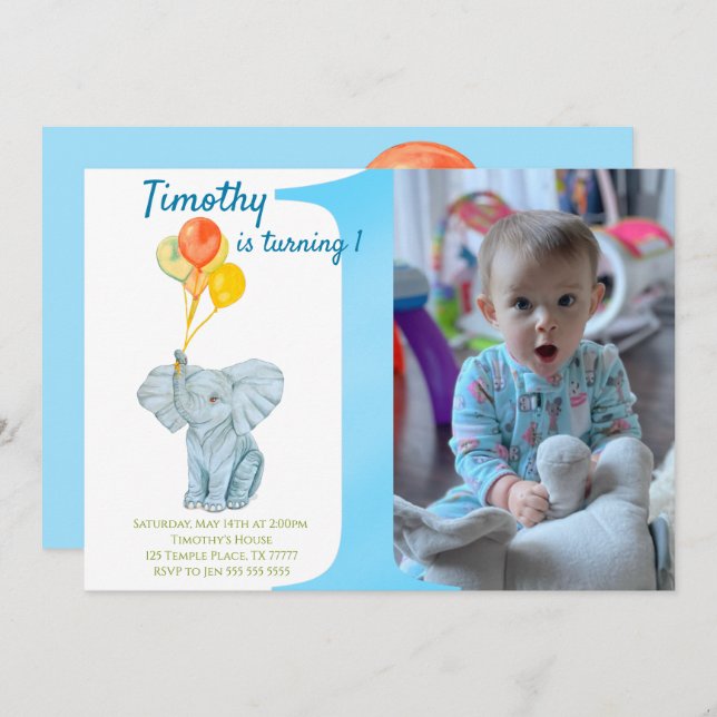 Custom Elephant First Birthday Boy  Einladung (Vorne/Hinten)