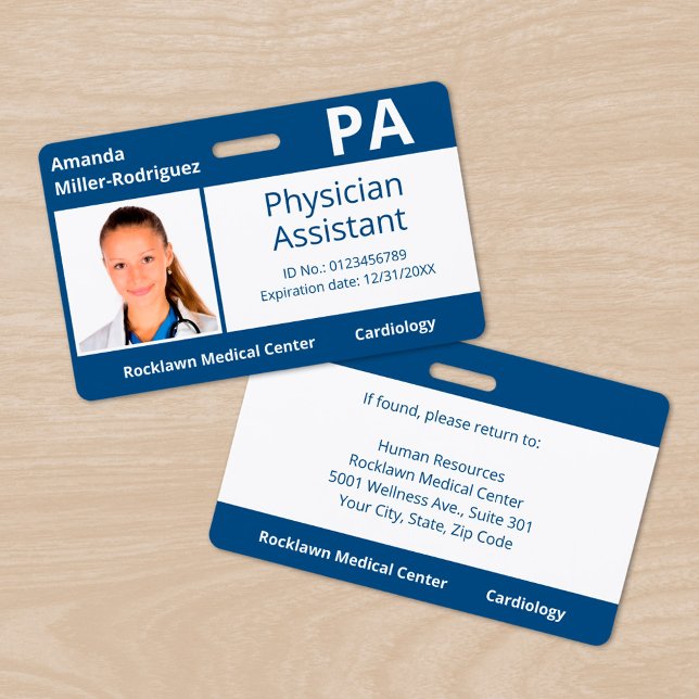 Custom Employee Foto Blue White Hospital ID Ausweis (Custom Employee Photo Blue White Hospital ID Badge, front/back)