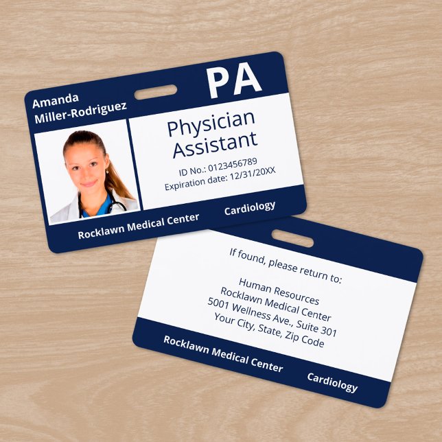 Custom Employee Foto Navy Blue Hospital ID Ausweis (Custom Employee Photo Navy Blue Hospital ID Badge, front/back)