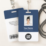 Custom Employee Photo, Bar Code, Logo, Name Ausweis<br><div class="desc">Easily personalize this Custom Employee Name Badge with Photo, Scan Bar Code and business logo. A simple business design in navy blue and white colors fully customizable in front and back sizes, sans-serif basic and modern fonts and a professional and clear look. Avaiable with lanyard, metal clip or with retractable....</div>