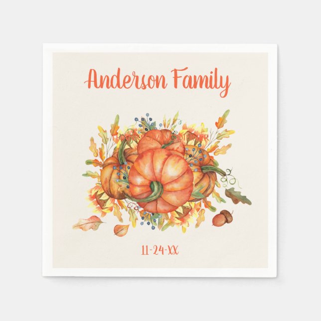 Custom Erntedank Orange Pumpkins Herbstlaub Serviette (Vorderseite)