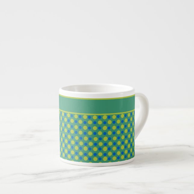Custom Espresso Coffee Tasse, Emerald, Blue Polka Espressotasse (Vorderseite Rechts)