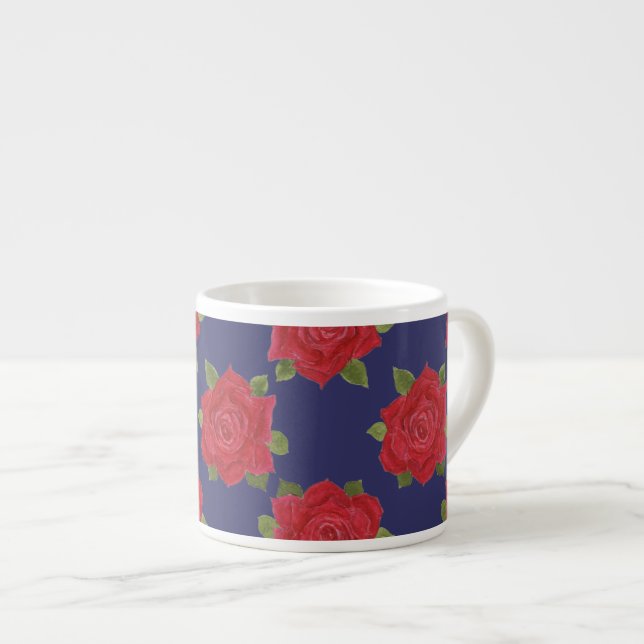 Custom Espresso Tasse, Rote Rosen auf Midnight Blu Espressotasse (Vorderseite Rechts)