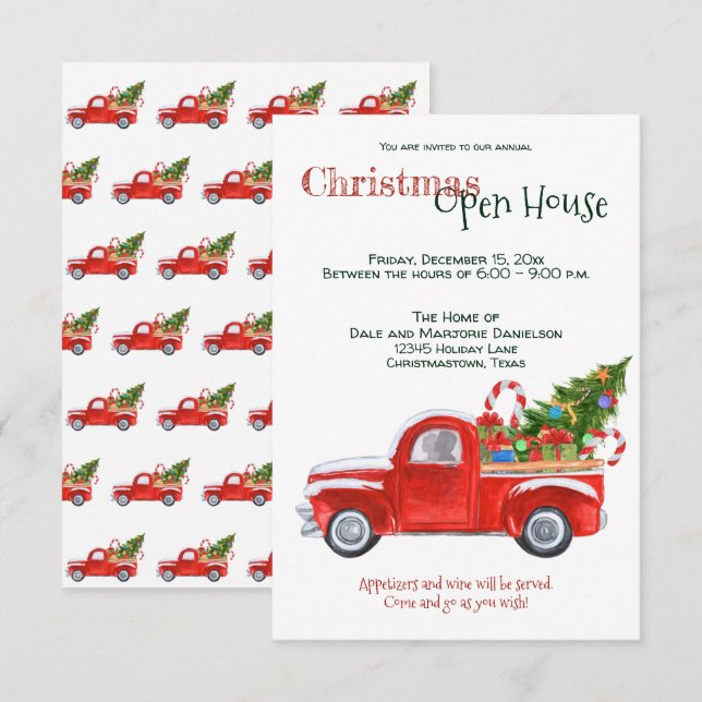 Custom Event Christmas Open House Red Truck Trendy Einladung (Vorne/Hinten)