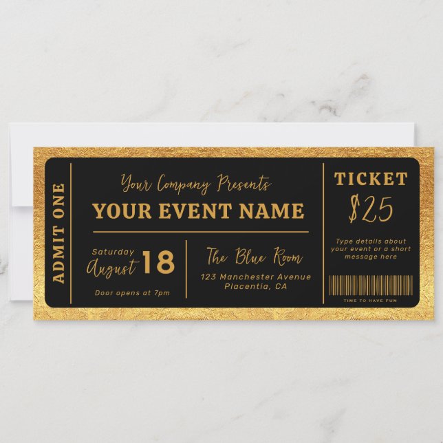 Custom Event Ticket Concept Fake Ticket Black Gold Einladung (Vorderseite)