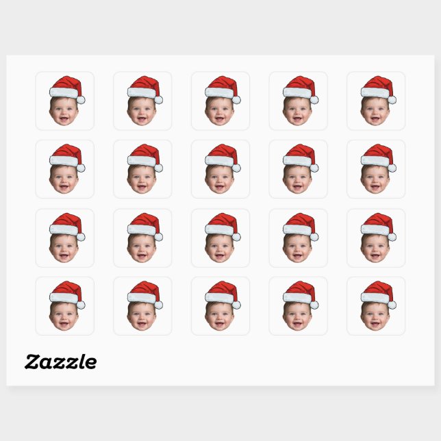Custom Face Baby Santa Hat Photo Christmas   Quadratischer Aufkleber (Blatt)