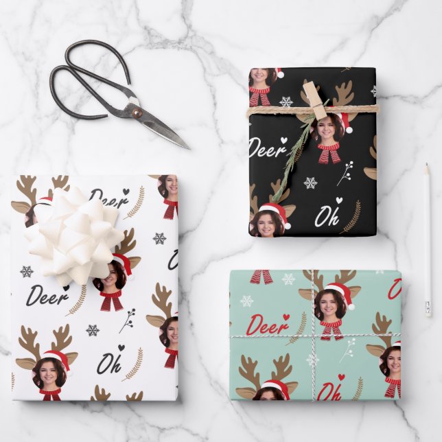 Custom Face Foto Rentier Weihnachten Geschenkpapier Set (Vorderseite)