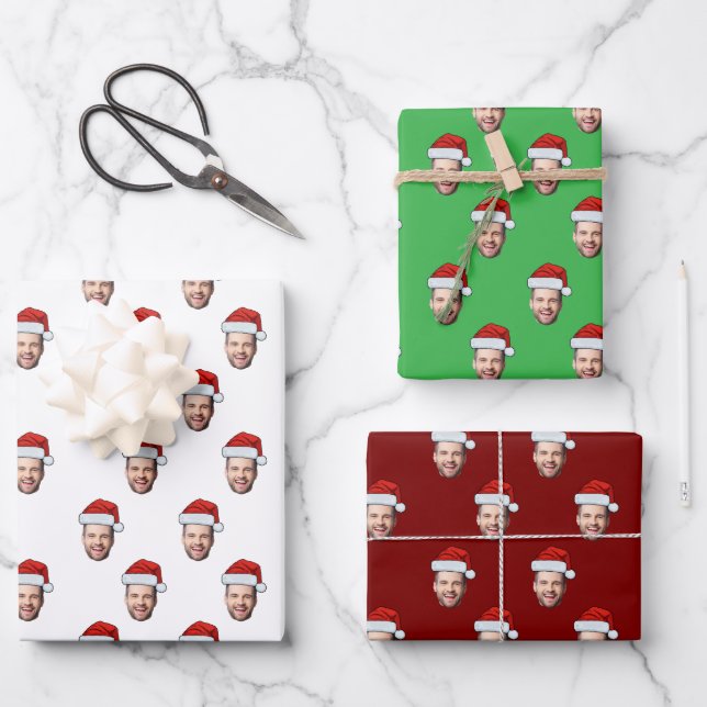 Custom Face Foto Weihnachtsmannmütze Weihnachtsges Geschenkpapier Set (Vorderseite)