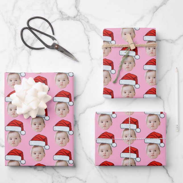 Custom Face Head Photo Santa Hat Christmas Pink Geschenkpapier Set (Vorderseite)