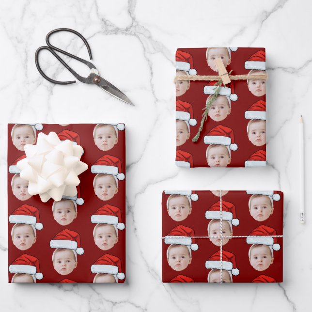 Custom Face Head Photo Santa Hat Christmas Red Geschenkpapier Set (Vorderseite)