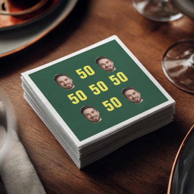 Custom Face Photo 50th Birthday Fun Serviette (Green cocktail napkin featuring four custom face photos arranged in a grid with bright yellow “50” )