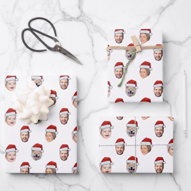 Custom Face Santa Hat Family 4 Photos Christmas Geschenkpapier Set (Vorderseite)