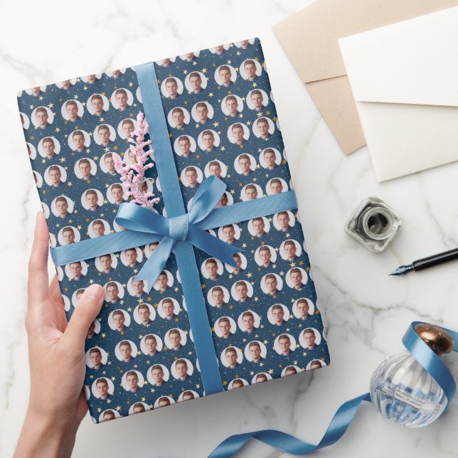 Custom Faces Stars Pattern Navy Geschenkpapier (Schenken)