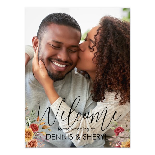 Custom Fall Floral Foto Modernes Hochzeitszeichen (Vorne)