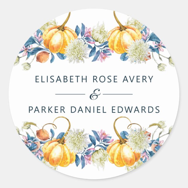 Custom Fall Floral Pumpkin Hochzeit Runder Aufkleber (Vorderseite)