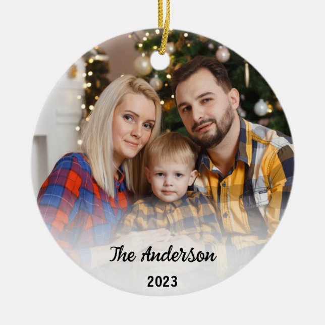 Custom Family 2 Foto & Name Weihnachten 2023 Gesch Keramik Ornament (Vorne)
