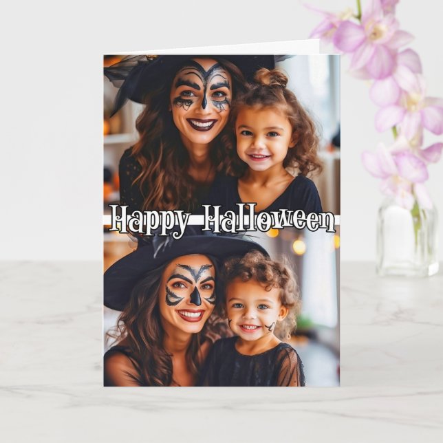 Custom Family 2-Fotos Template Happy Halloween Karte (Orchidee)