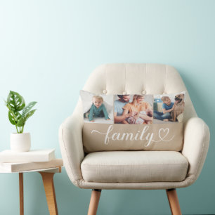 Custom Family Beige Heart Script 3 Foto Collage Lendenkissen