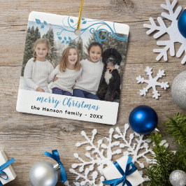 Custom Family Blue Foliage Frohe Weihnachts-Foto Keramikornament