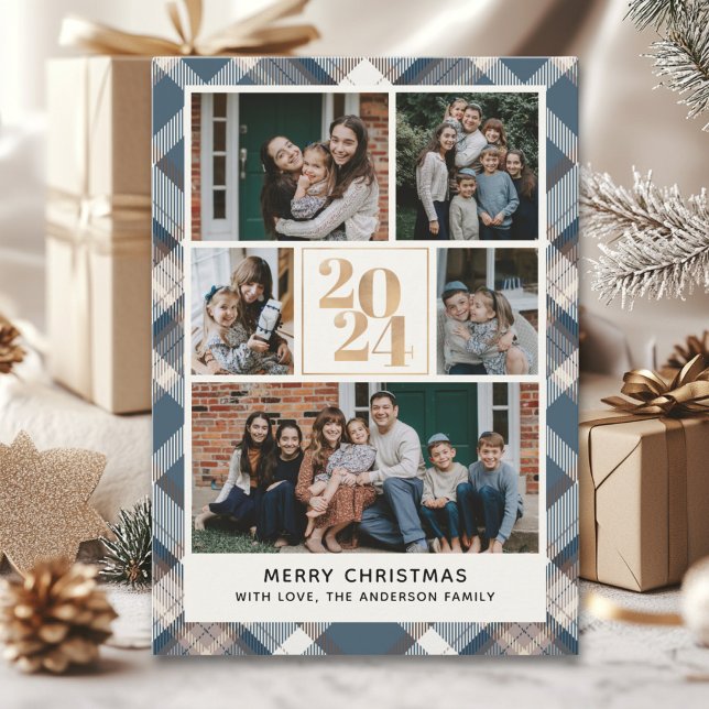 Custom Family Christmas card with 5 Photos Tartan  Einladung (Von Creator hochgeladen)