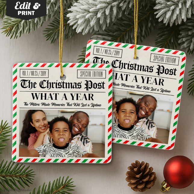Custom Family Christmas Newspaper What a Year Keramikornament (Custom Family Christmas Newspaper What a Year Ceramic Ornament)